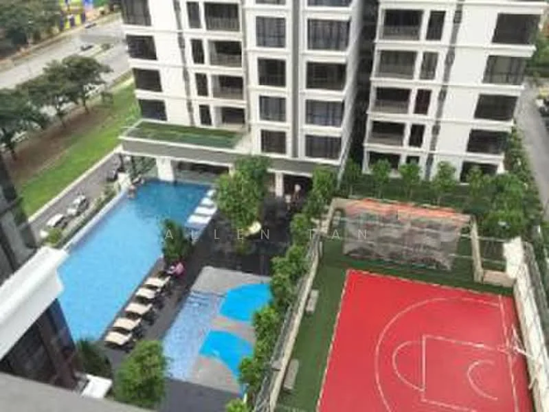 Exterior type: high-rise condominium; features: infinity pool, pool deck with loungers, children's playground, basketball court, landscaped garden, manicured lawn, surrounded by mature greenery; style: modern.