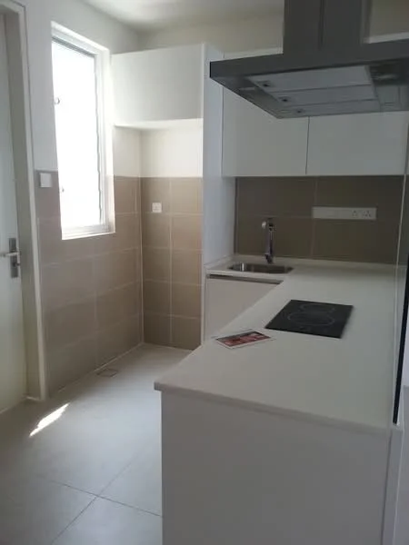Kitchen features: white cabinetry, single-bowl stainless-steel sink, chrome pull-down faucet, built-in electric cooktop, white countertop, tile backsplash, light-colored tile flooring, window with natural light; style: modern.