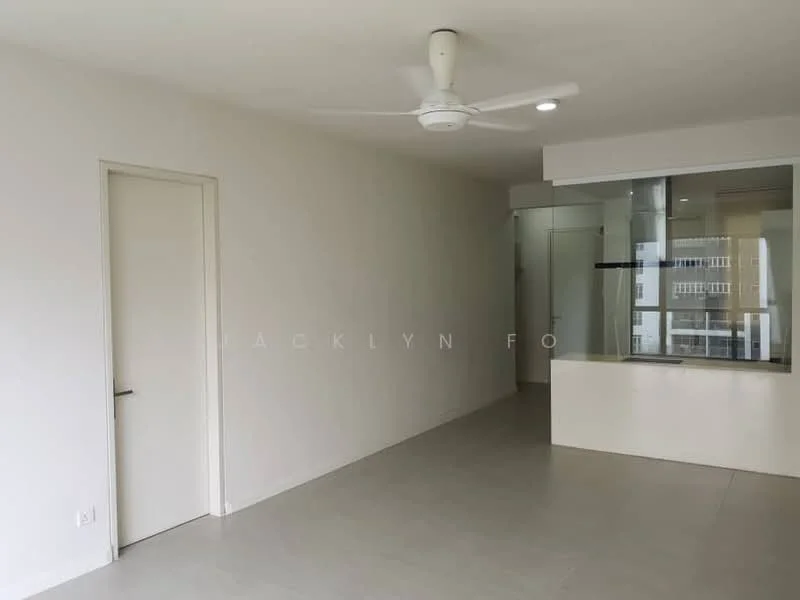 Living features: white painted walls, light grey tile flooring, 5-blade ceiling fan with light, large window with view, open layout, built-in glass display cabinet, neutral decor; style: modern; view: city.