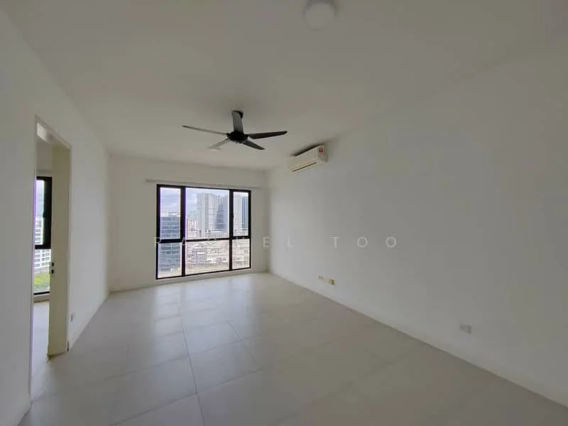 Living features: white painted walls, tile flooring, 5-blade ceiling fan, wall-mounted split AC, floor-to-ceiling windows, city view, natural light, neutral color scheme; style: modern; view: city.