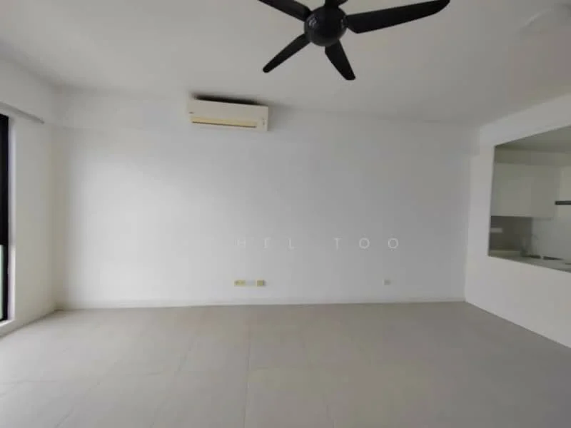 Room features: white painted walls, tile flooring, 5-blade ceiling fan, wall-mounted split AC, large windows, open layout, neutral color scheme; style: modern.