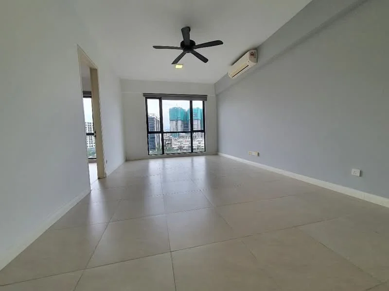 Living features: light grey painted walls, large floor-to-ceiling windows, sliding glass door, white ceiling, 5-blade ceiling fan with light, 1 wall-mounted split AC, tile flooring, neutral color scheme; style: modern; view: city.