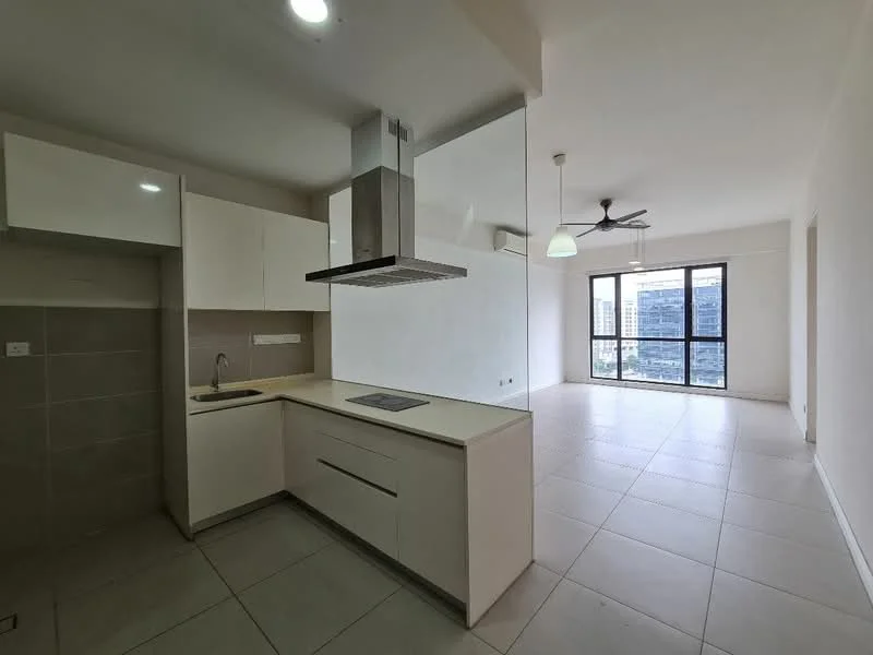 Kitchen features: white cabinetry, stainless-steel sink, chrome pull-down faucet, white countertop, built-in stove, exhaust hood, tile backsplash, grey tile flooring; style: modern; view: city. Living features: floor-to-ceiling windows, sliding glass door, ceiling fan, pendant light, neutral painted walls, tile flooring; style: modern; view: city.