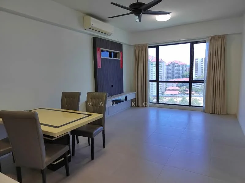 Dining features: dining table with cream top, 4 upholstered dining chairs in grey, wall-mounted TV console, floor-to-ceiling windows, curtains, light grey tiled flooring, ceiling fan, air conditioning unit; style: modern; view: city.