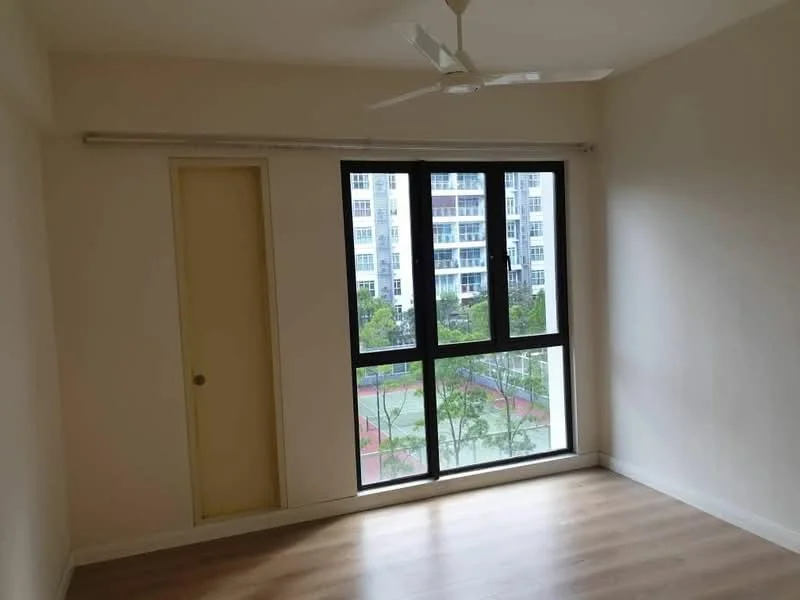 Room features: light wood laminate flooring, white painted walls, large floor-to-ceiling windows, ceiling fan, built-in wardrobe with door, view of landscaped area; style: modern; view: garden.