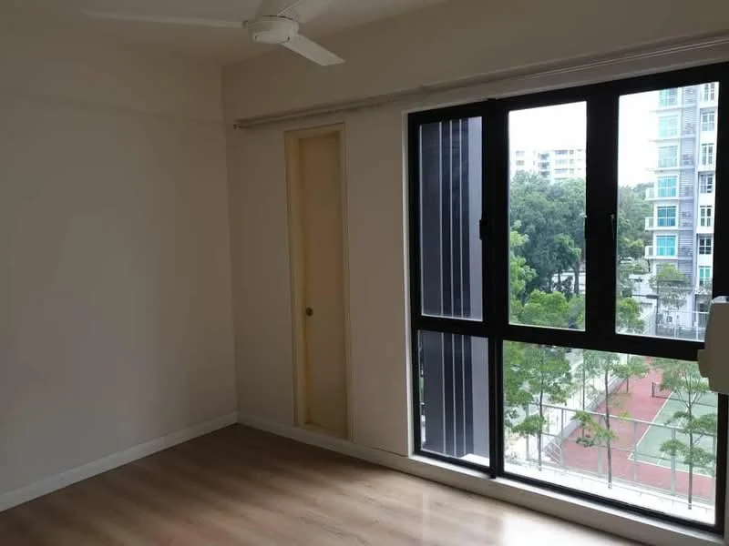 Room features: laminate flooring, white painted walls, floor-to-ceiling windows, sliding glass door, ceiling fan, built-in wardrobe, view of greenery, natural light; style: modern; view: garden.