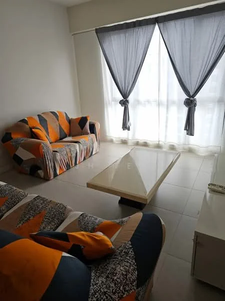 Living features: sofa with geometric pattern in orange and grey, coffee table with light-colored surface, floor-to-ceiling windows, sheer curtains in grey, tile flooring, decorative cushions in orange, accent wall with patterned upholstery, natural light from windows; style: modern.
