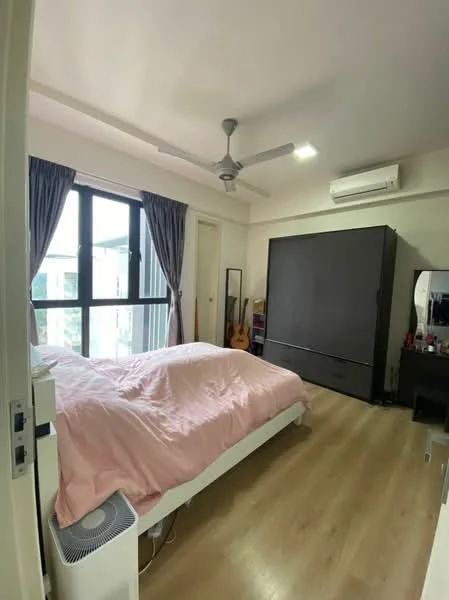 Bedroom features: queen-size bed with pink bedding, wooden flooring, 5-blade ceiling fan with light, floor-to-ceiling windows, curtains in grey, built-in wardrobe in dark colour, mirror on dresser, guitar visible, air conditioning unit on wall, nightstand with lamp; style: modern; view: city.