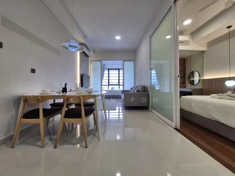 Living features: white painted walls, marble tile flooring, recessed downlights, sofa in grey fabric, dining table for four with wooden legs, black upholstered dining chairs, pendant light fixture, floor-to-ceiling windows, curtains, open layout to kitchen, decorative wall mirror; style: modern. Room features: queen-size bed, wooden headboard, built-in wardrobe, nightstand with lamp, bed linens, carpeted flooring.