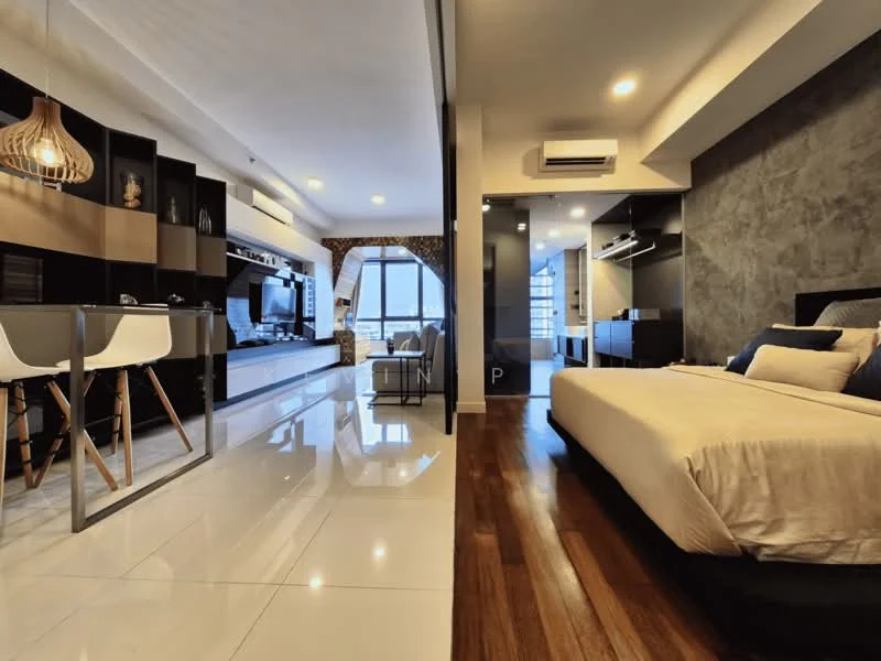 Living features: white walls, grey accent wall, marble tile flooring, recessed downlights, floor-to-ceiling windows, black entertainment unit, wall-mounted TV, sofa with cushions, dining table with white chairs, decorative pendant light; style: modern; view: city. Bedroom features: wood flooring, queen-size bed with upholstered headboard, bedding with decorative pillows, nightstand with lamp, built-in wardrobe, wall-mounted air conditioning unit; style: modern.