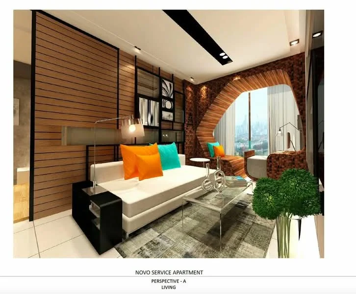 Living features: white fabric sofa, orange and turquoise accent cushions, glass coffee table, area rug with geometric pattern, wood panel accent wall, exposed brick wall, floor-to-ceiling windows, city skyline view, recessed downlights, decorative wall art, green potted plant, modern armchair; style: modern; view: city.
