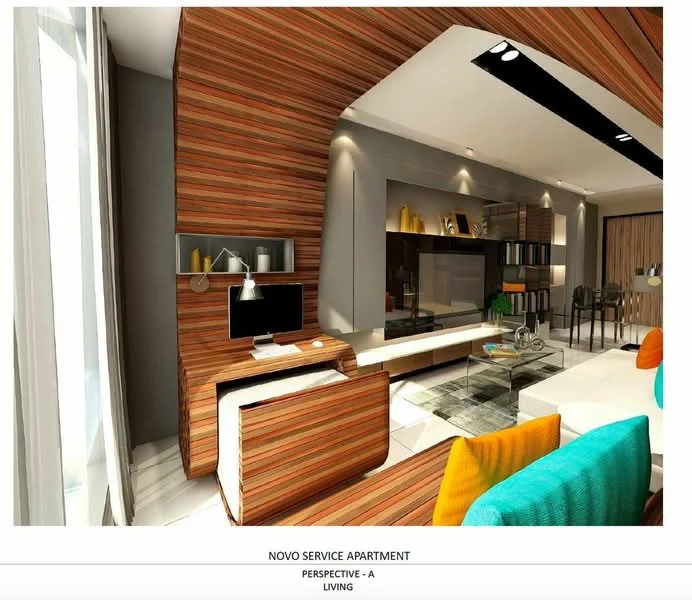 Living features: wood panel accent wall with horizontal stripes, grey painted walls, white ceiling with recessed lighting, marble tile flooring, large floor-to-ceiling windows with sheer curtains, L-shape sectional sofa in white, colorful accent cushions in turquoise and orange, coffee table with glass top, TV console with built-in storage, decorative shelves with books and ornaments, desk with lamp and chair, area rug with geometric pattern; style: modern.
