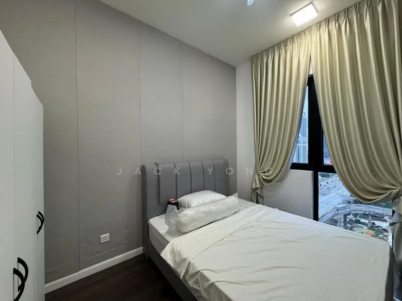 Bedroom features: queen-size bed, upholstered headboard, white bedding, floor-to-ceiling window, curtains, grey accent wall, dark wood flooring, built-in wardrobe; style: modern; view: city.