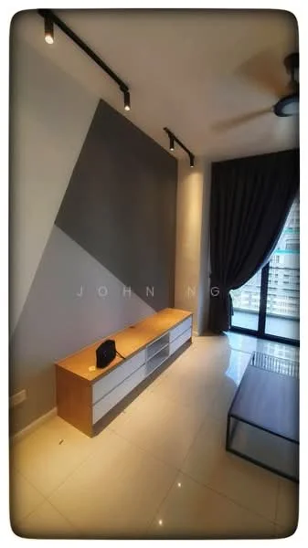 Living features: grey accent wall, white painted walls, glossy white tile flooring, recessed downlights, ceiling fan, large glass sliding door, floor-to-ceiling windows, blackout curtains, wooden TV console, coffee table; style: modern; view: city.