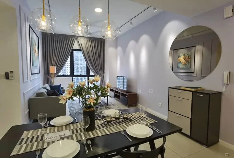 Living features: grey fabric sofa, coffee table, TV console, wall-mounted TV, area rug, floor-to-ceiling windows, curtains, decorative artwork, recessed downlights, pendant lighting, dining table with place settings, sideboard cabinet; style: modern; view: city.