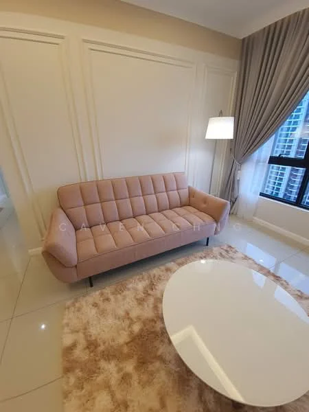 Living features: 3-seater fabric sofa in blush pink, round white coffee table, area rug with neutral tones, floor-to-ceiling window, curtains in light grey, wall with decorative paneling, recessed lighting, glossy tile flooring; style: modern; view: city.