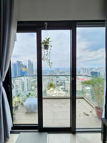 Room features: floor-to-ceiling windows, sliding glass door, curtains, hanging plant, city skyline view, balcony, tile flooring, outdoor seating area; style: modern; view: city.