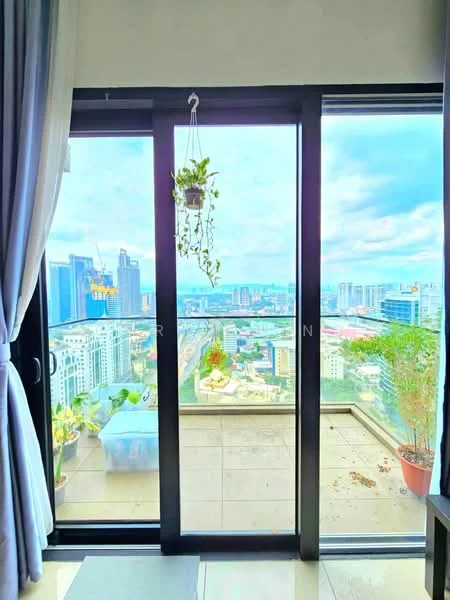 Room features: floor-to-ceiling sliding glass door, city skyline view, hanging planter, curtains, balcony flooring, outdoor space, potted plants; style: modern; view: city.
