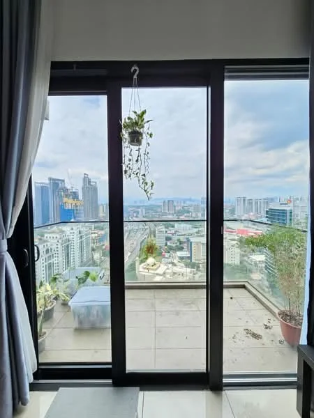 Room features: floor-to-ceiling windows, sliding glass door, curtains, hanging planter, city skyline view, outdoor terrace, stone flooring, balcony furniture; style: modern; view: city.