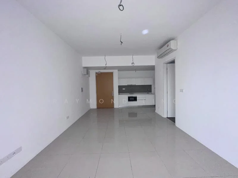 Living features: white painted walls, glossy ceramic tile flooring, recessed downlights, 1 wall-mounted split AC, open kitchen area, kitchen cabinetry, microwave, built-in oven, countertop, single-bowl stainless-steel sink, chrome pull-down faucet; style: modern.