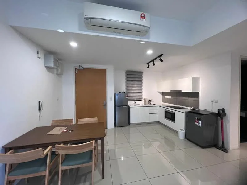 Kitchen features: white cabinetry, grey countertop, stainless-steel fridge, built-in oven, ceramic cooktop, microwave, single-bowl stainless-steel sink, chrome pull-down faucet, tile flooring, recessed downlights, wall-mounted split AC, dining table with 4 chairs; style: modern.
