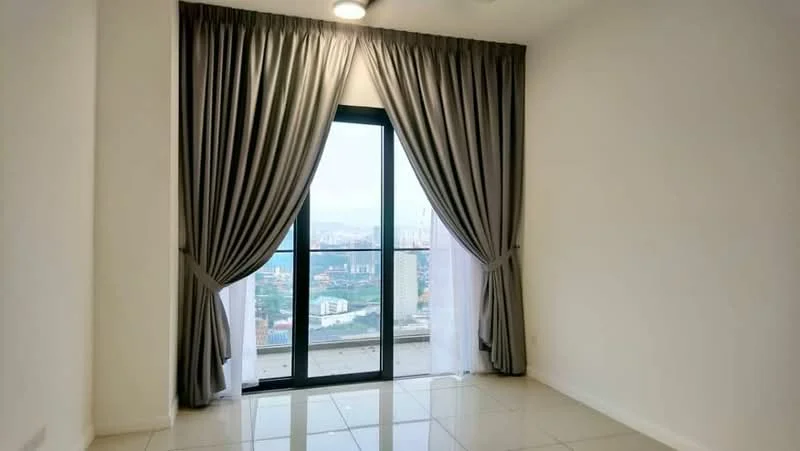 Room features: floor-to-ceiling windows, grey curtains, sheer white curtains, white painted walls, glossy tile flooring, city view; style: modern; view: city.