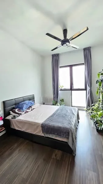 Bedroom features: king-size bed, upholstered headboard, 2 bedside lamps, ceiling fan, floor-to-ceiling window, grey curtains, wooden flooring, indoor plants, decorative wall shelf; style: modern.