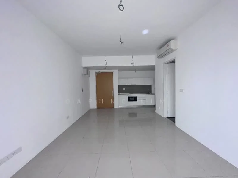 Living features: white painted walls, polished ceramic tile flooring, recessed downlights, wall-mounted split AC, open kitchen layout, kitchen cabinetry, built-in microwave, countertop, doorway to kitchen, doorway to other room; style: modern.