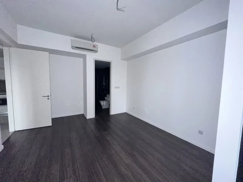 Room features: white painted walls, laminate flooring, 1 wall-mounted split AC, door leading to another room, no visible furniture or decor; style: modern.