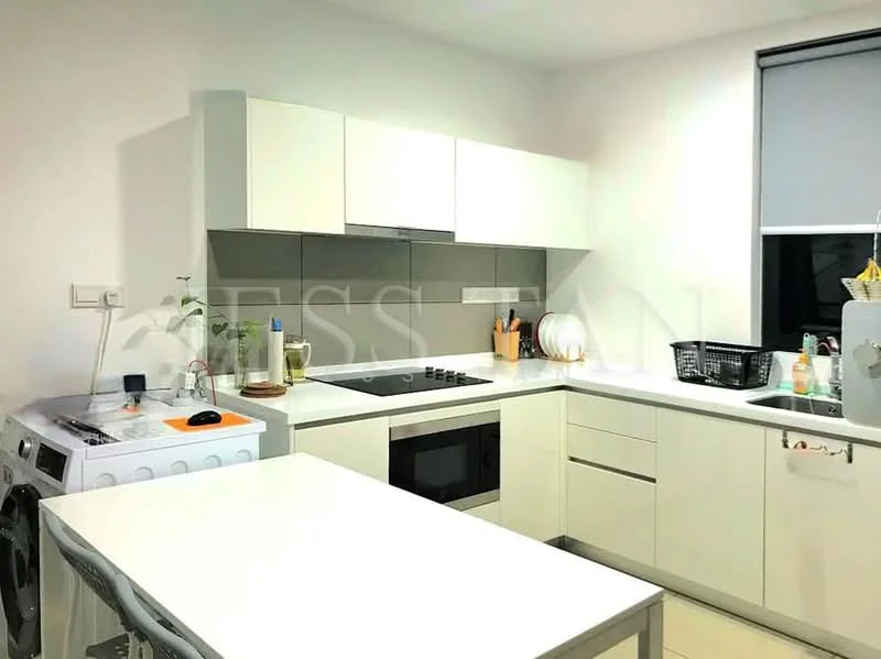 Kitchen features: white cabinetry, grey tile backsplash, white countertop, built-in oven, 4-burner gas hob, stainless-steel range hood, single-bowl stainless-steel sink, chrome pull-down faucet, washing machine, refrigerator, bar stools, window with natural light, open shelving, decorative plant; style: modern.