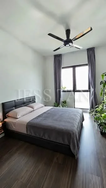 Bedroom features: king-size bed with grey bedding, upholstered headboard, 5-blade ceiling fan with light, floor-to-ceiling window, sheer curtains, dark wood flooring, potted plants, nightstand with lamp; style: modern; view: city.
