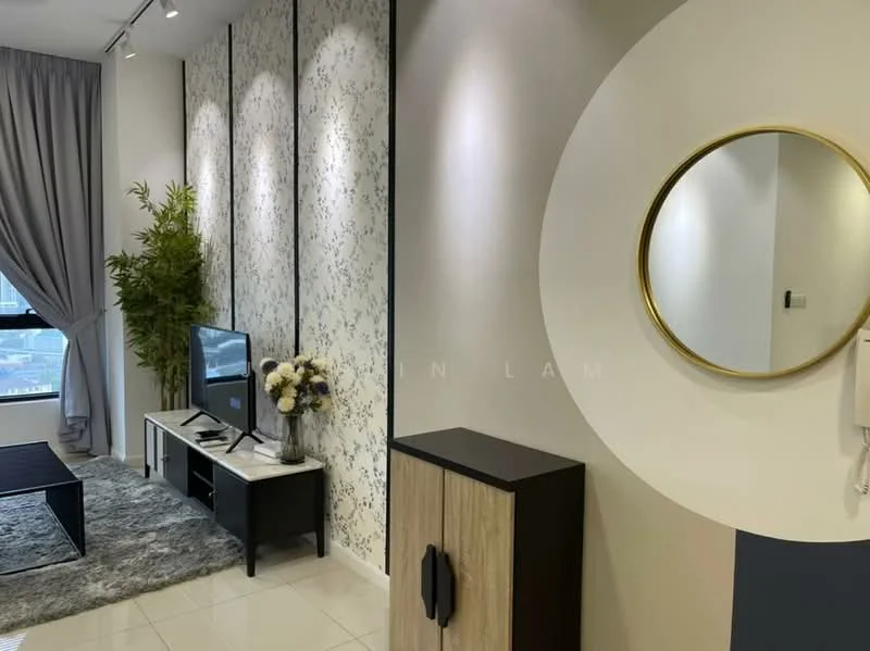 Living features: light grey walls, feature wall with floral pattern, floor-to-ceiling windows, curtains in light grey, black TV console, white marble top on console, black coffee table, area rug in grey, decorative mirror with gold frame, potted plant, floral arrangement in vase; style: modern; view: city.