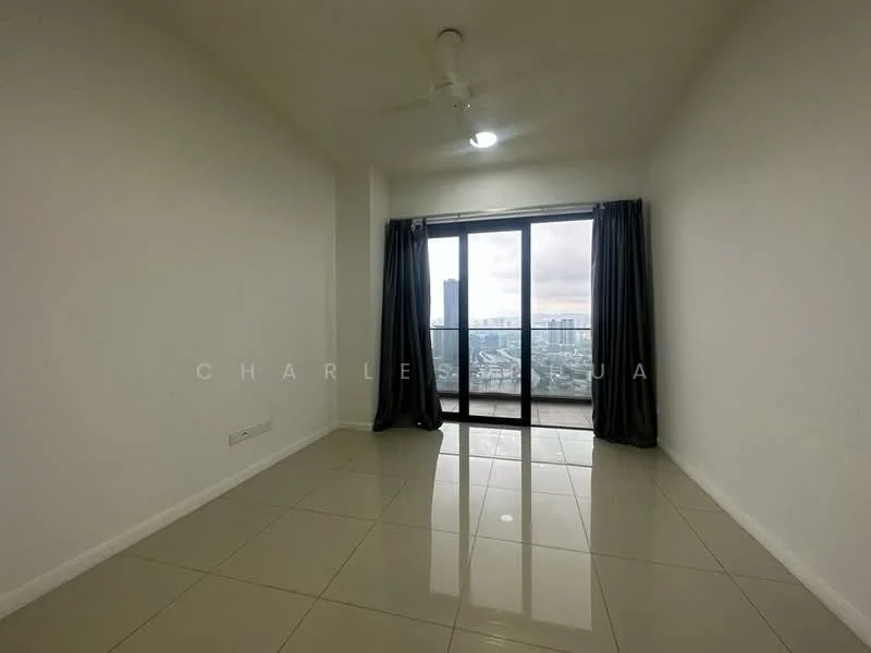 Living features: white painted walls, glossy tile flooring, 5-blade ceiling fan with light, floor-to-ceiling windows, sliding glass door, blackout curtains, city view, neutral color scheme; style: modern; view: city.