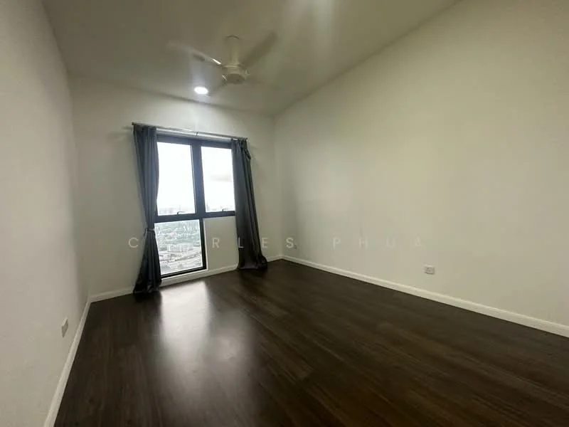 Room features: white painted walls, wooden flooring, 5-blade ceiling fan, floor-to-ceiling windows, curtains, city view; style: modern; view: city.