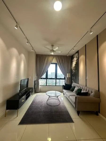 Living features: 3-seater fabric sofa in beige, coffee table with wireframe base, area rug with geometric pattern, wall-mounted TV console, floor-to-ceiling windows, curtains in light fabric, ceiling fan with light, recessed LED downlights, decorative wall art, cream painted walls, glossy tile flooring; style: modern; view: city.