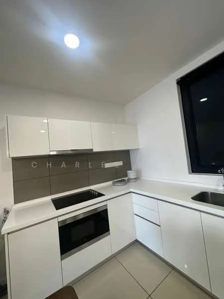 Kitchen features: white glossy cabinetry, grey tile backsplash, white countertop, built-in oven, electric cooktop, stainless-steel sink, single-bowl stainless-steel sink, modern faucet, recessed ceiling lights, floor-to-ceiling window, ceramic tile flooring; style: modern.