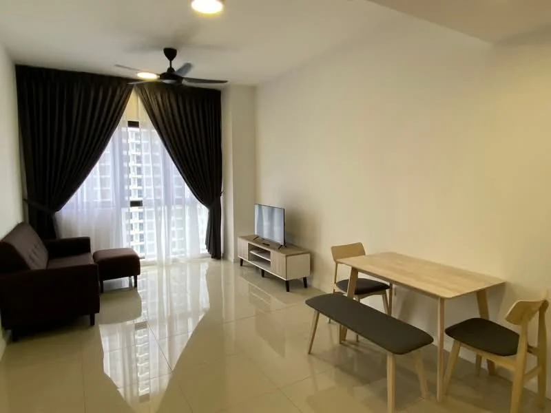 Living features: 3-seater fabric sofa in brown, ceiling fan with light, floor-to-ceiling windows, sheer curtains, TV console, wall-mounted TV, dining table with 4 chairs, polished tile flooring, decorative wall, light fixture on ceiling; style: modern; view: city.