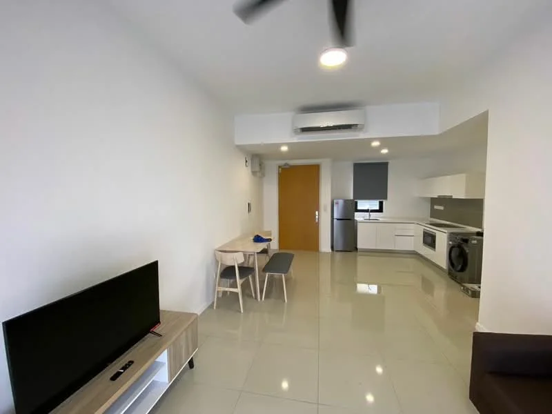 Living features: white painted walls, glossy ceramic tile flooring, 5-blade ceiling fan with light, wall-mounted TV, TV console, dining table with 4 chairs, grey upholstered bench, recessed downlights, air conditioning unit, kitchen area with white cabinetry, stainless-steel fridge, built-in oven, freestanding washing machine; style: modern.