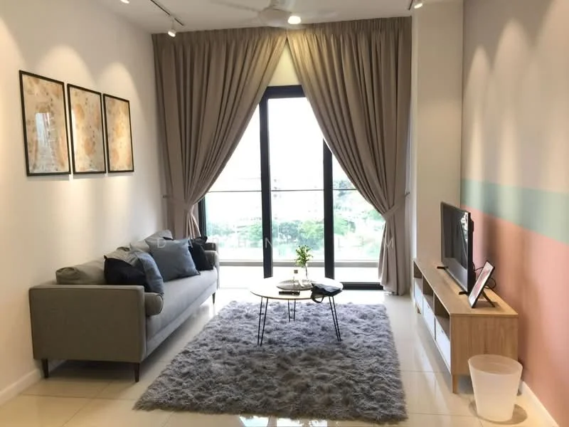 Living features: 3-seater fabric sofa in grey, coffee table, wall-mounted TV, TV console in light wood, area rug with fluffy texture, floor-to-ceiling windows, sheer curtains, recessed downlights, decorative wall with pastel color, plant on coffee table; style: modern; view: garden.