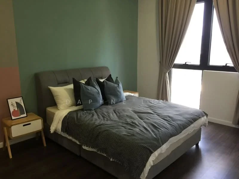 Bedroom features: king-size bed with grey upholstered headboard, white bedding with decorative pillows, nightstands with wooden legs, laminate flooring, green accent wall, curtains in a neutral tone, floor-to-ceiling windows, framed artwork on the wall; style: modern.