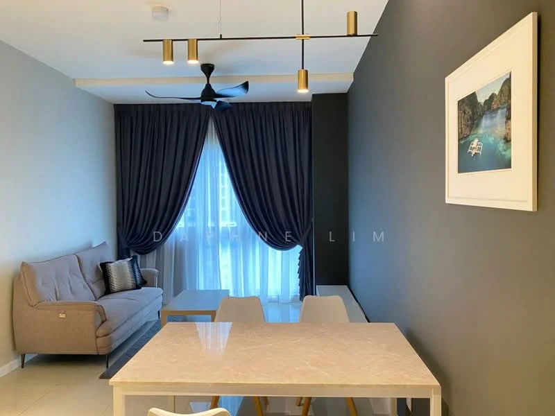 Dining features: marble dining table, 4 white dining chairs, grey accent wall, floor-to-ceiling windows, sheer curtains, dark blue curtains, 3 pendant lights, 5-blade ceiling fan with light, light grey sofa, decorative wall art; style: modern; view: city.