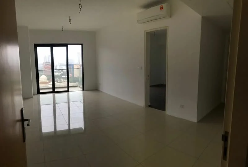 Living features: white painted walls, glossy ceramic tile flooring, floor-to-ceiling windows, sliding glass door, 1 wall-mounted split AC, recessed downlights, neutral color scheme, open layout; style: modern; view: city. Room features: white painted walls, glossy ceramic tile flooring, doorway leading to another room.