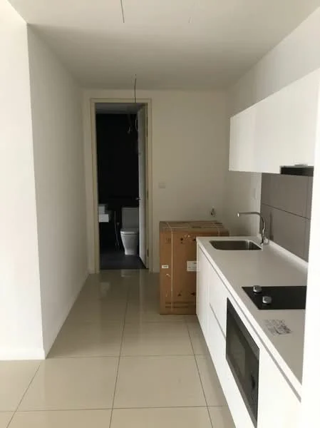 Kitchen features: white cabinetry, stainless-steel sink, chrome pull-down faucet, black countertop, built-in microwave, freestanding range oven, tile backsplash, ceramic tile flooring, recessed lighting; style: modern. Room features: white painted walls, doorway leading to bathroom, unknown flooring.