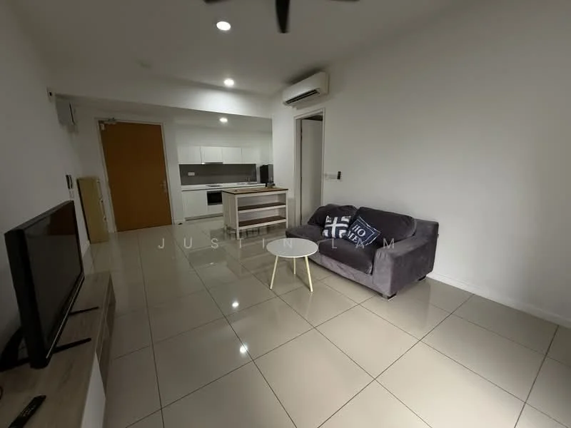 Living features: grey fabric sofa, coffee table, wall-mounted TV, TV console, floor-to-ceiling windows, white painted walls, polished tile flooring, ceiling fan, air conditioning unit, decorative wall art; style: modern. Kitchen features: white cabinetry, stainless-steel sink, built-in oven, ceramic cooktop, microwave, countertop with breakfast bar, refrigerator, tile backsplash; style: modern.