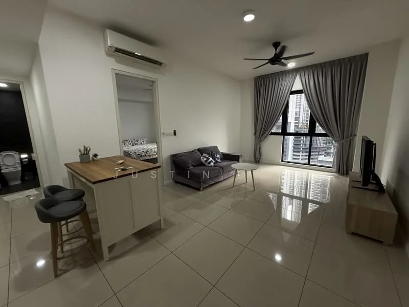 Living features: grey fabric sofa, wooden TV console, wall-mounted TV, 5-blade ceiling fan with light, floor-to-ceiling windows, curtains, polished ceramic tile flooring, recessed downlights, open shelving, bar counter with stools; style: modern; view: city. Room features: white painted walls, air conditioning unit.