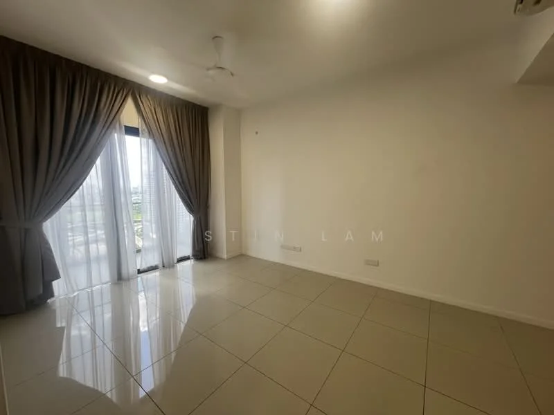 Room features: white painted walls, glossy tile flooring, 5-blade ceiling fan, floor-to-ceiling windows, sheer curtains, dark curtains, balcony access, natural light; style: modern; view: city.