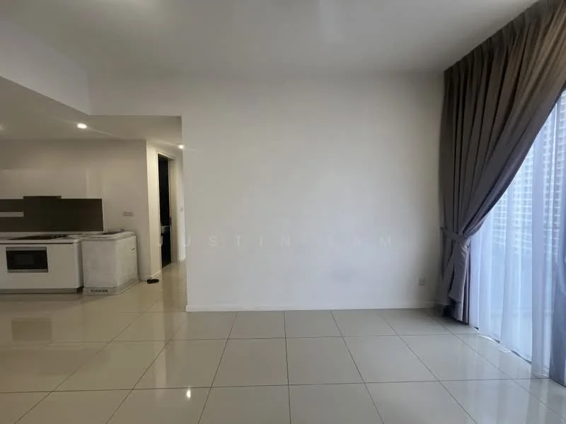 Living features: white painted walls, glossy tile flooring, floor-to-ceiling windows, sheer curtains, recessed downlights, open layout, neutral color scheme, kitchen area visible in background; style: modern; view: city.