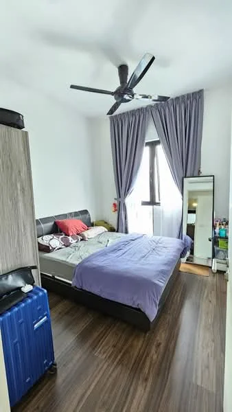 Bedroom features: queen-size bed with purple bedding, upholstered headboard, 5-blade ceiling fan, floor-to-ceiling window with sheer curtains, wooden flooring, full-length mirror, built-in wardrobe, decorative pillows, nightstand with lamp, blue suitcase; style: modern.