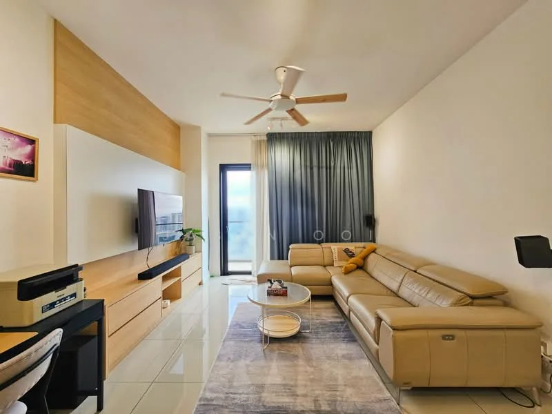 Living features: 3-seater leather sofa in beige, coffee table, wall-mounted TV, TV console with storage, area rug with geometric pattern, 5-blade ceiling fan with light, floor-to-ceiling windows, curtains in dark blue, decorative wall panel in light wood, decorative artwork on wall; style: modern; view: city.