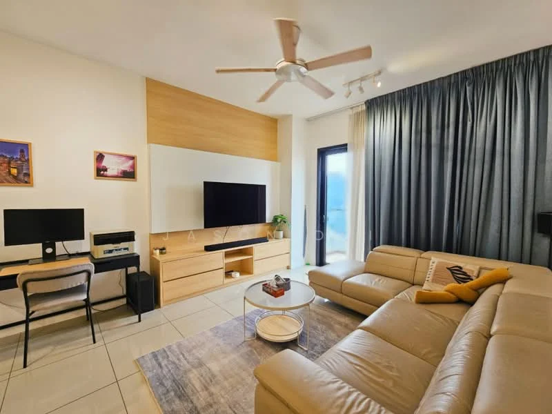 Living features: 3-seater leather sofa in beige, coffee table, area rug, wall-mounted TV, TV console, ceiling fan, floor-to-ceiling windows, curtains, decorative throw pillows, wooden feature wall, built-in shelving unit, computer desk with chair; style: modern; view: city.